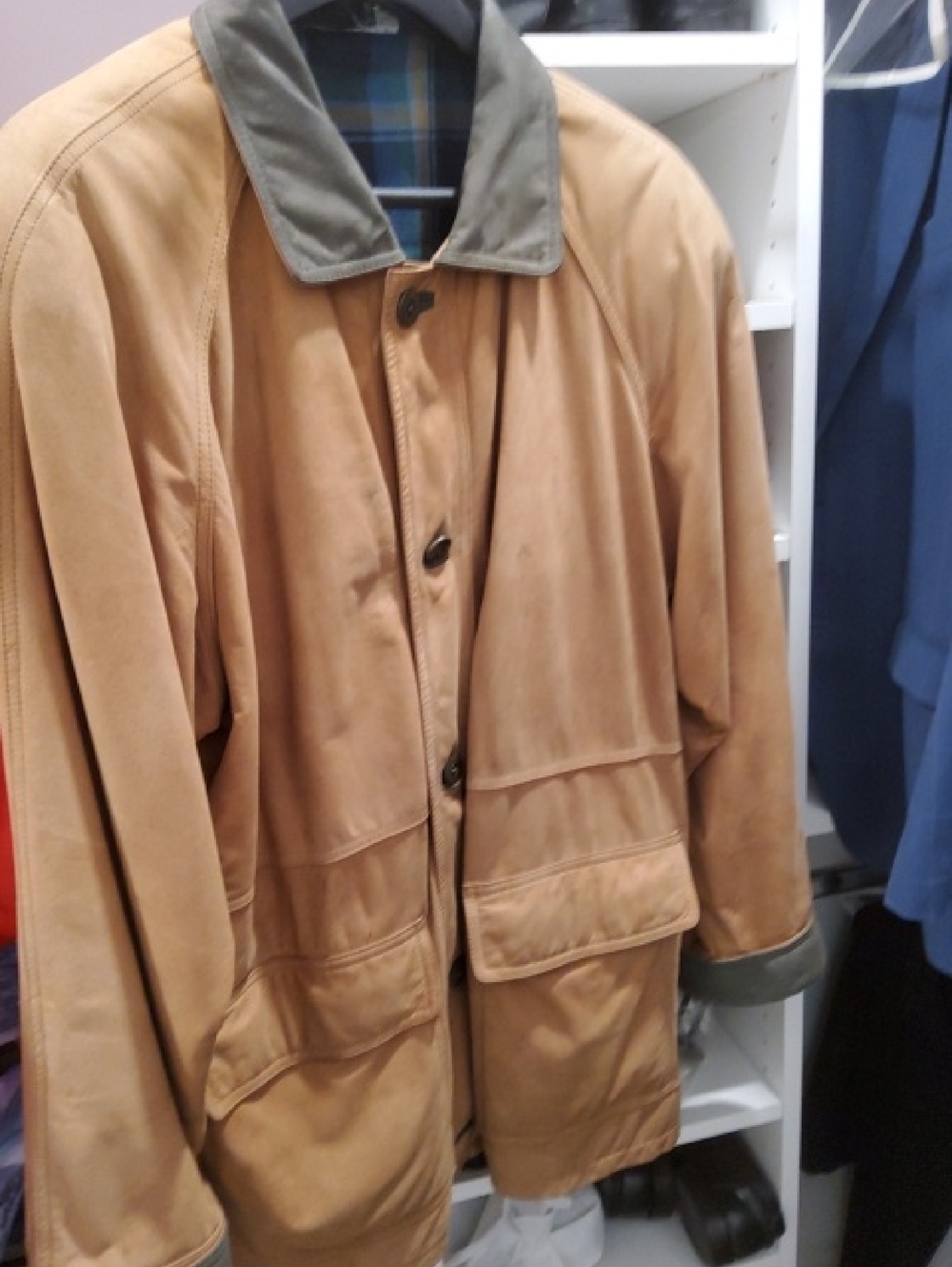 Vintage Merit Award Suede Men's Tan LeatherJacket with Contrast Collar And Cuff